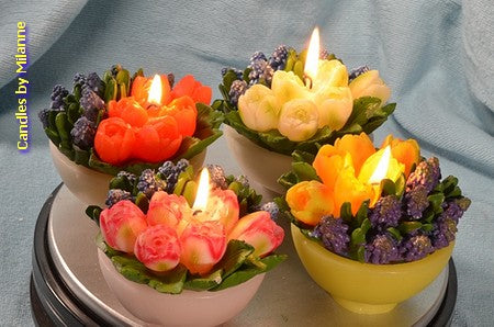 4x Bowl with tulips and blue grape hyacinths, Set of 4 different candles