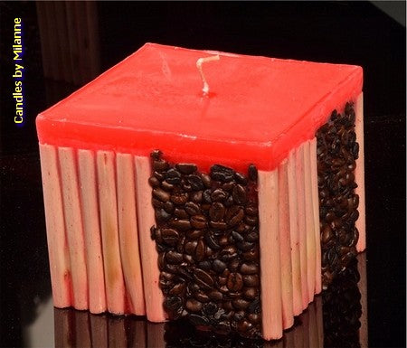 Koffie bamboe kaars ROOD - 11x11 cm H: 10 cm