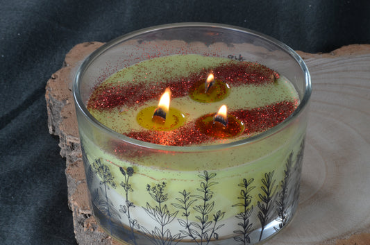 Designkerze im Glas mit 3 Holzdochten, metallic-rot lackiert - 13x13 cm Höhe: 8 cm