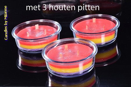 TRI-COLORE+ Houten Pit kaars LAGE schaal met 3 pitten 14 cm