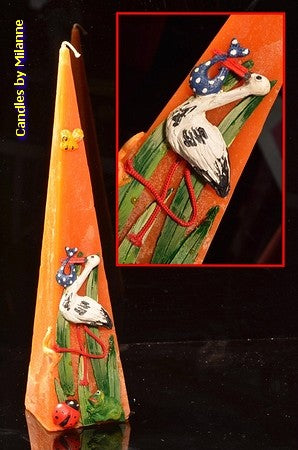 Geburtskerze Storch, Pyramide, ORANGE, H: 30 cm